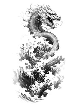 Tattoo template of a dragon rising from the water