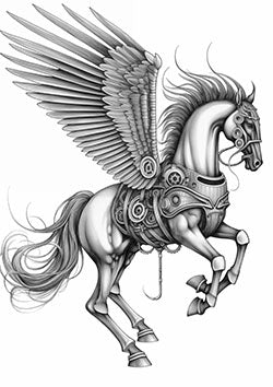 Tattoo template of a Pegasus with mechanical wings and steampunk designs