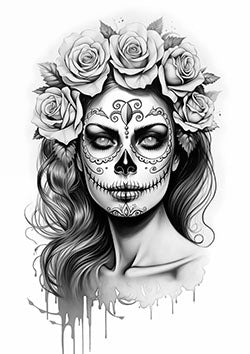 Tattoo template of a sugar skull girl with flowing hair and roses in grayscale