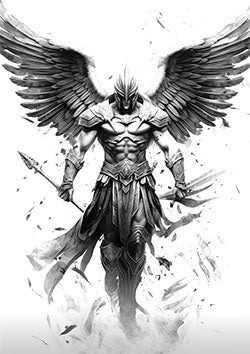 Tattoo template of a winged warrior in armor holding a spear.