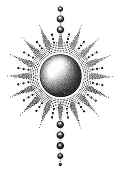 Tattoo template of a radiant sun with cascading cosmic spheres