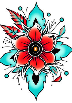 Tattoo template of a stylized flower with red petals and turquoise leaves