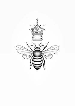 Tattoo template of a bee with a geometric crown highlighting the themes of royalty and diligence