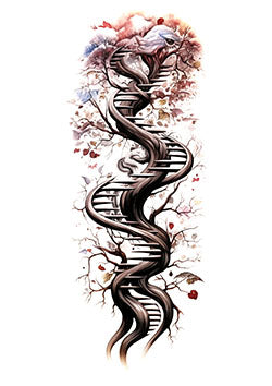 Tattoo template of a DNA staircase intertwined with tree branches and leaves.