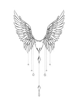 Tattoo template of a pair of elegant angel wings with gem-like pendants