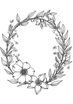 Tattoo template of a botanical floral wreath with intricate leaves and flowers