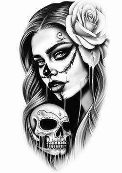 Tattoo template of a woman with a sugar skull design and a rose on her head