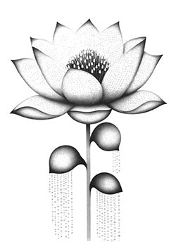 Tattoo template of a stylized lotus with binary code raindrops