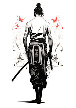 Tattoo template of a samurai among cherry blossoms