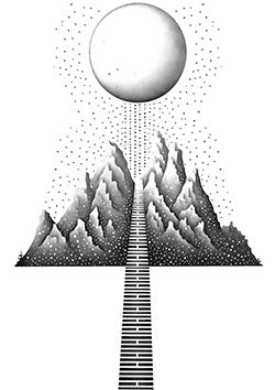 Tattoo template of a mountain with a stairway to the moon