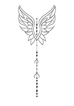 Tattoo template of a pair of abstract angel wings with geometric designs and hanging ornaments, symbolizing serenity and protection