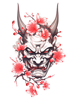 Tattoo template of an oni mask with cherry blossoms