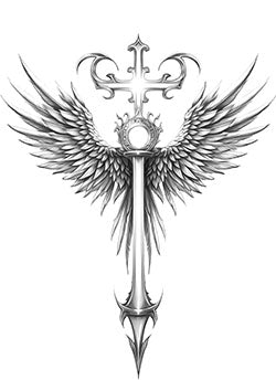 Tattoo template of a majestic winged sword with intricate cross detailing symbolizing divine protection and strength