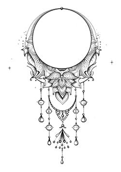 Tattoo template of a crescent moon with floral designs and dangling jewels