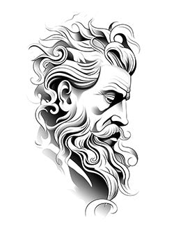 Tattoo template of a stylized face with flowing hair and beard