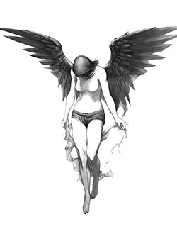 Tattoo template of a serene fallen angel with dark wings and a downward gaze, symbolizing grace and melancholy