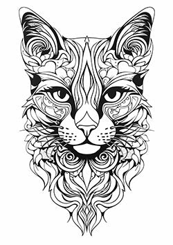 Tattoo template of a stylized cat face with intricate designs