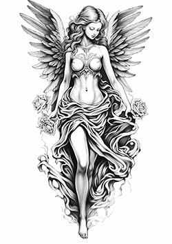 Tattoo template of a graceful angel with expansive wings and flowing robes.