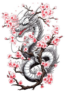 Tattoo template of a dragon with sakura flowers