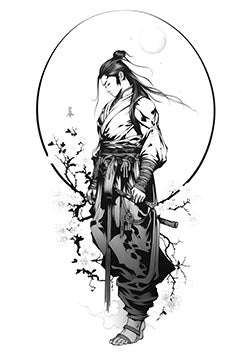 Tattoo template of a samurai with cherry blossoms and a full moon