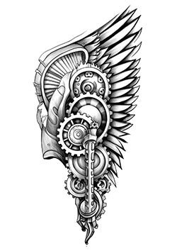 Tattoo template of a steampunk design with gears and a wing featuring mechanical elements