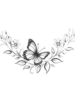 Tattoo template of a butterfly on blossoming flowers with elegant leaves