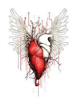 Tattoo template of a human heart with angel wings and veins entwined