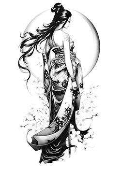 Tattoo template of an elegant geisha with cherry blossoms