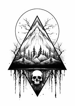 Tattoo template of a geometric mountain and skull design