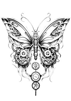 Tattoo template of a mechanical butterfly design with gears