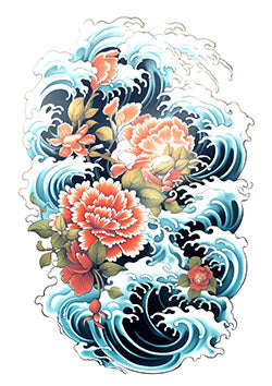 Tattoo template of a peony and waves design