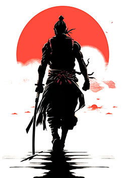 Tattoo template of a samurai silhouette with red background