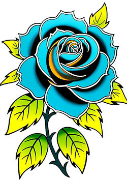 Tattoo template of a vibrant blue rose with green leaves symbolizing tranquility and beauty