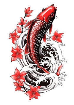 Tattoo template of a red koi fish with flowers and waves