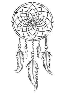 Tattoo template of a detailed dreamcatcher with feathers hanging below