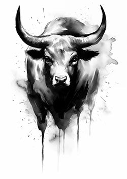 Tattoo template of a bull with a powerful gaze and ink splatters