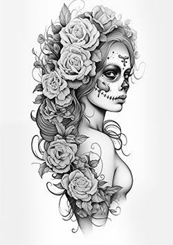 Tattoo template of a woman with a skull face adorned with roses and detailed floral elements