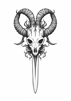 Tattoo template of a ram skull fused with a sword, signifying power and toughness.