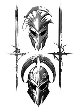 Tattoo template of a set featuring ancient warrior helmets and swords, symbolizing strength and resilience