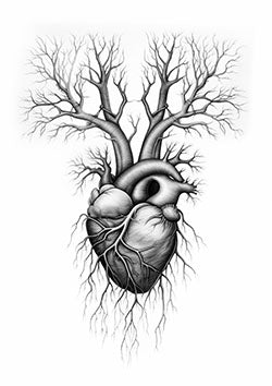 Tattoo template of a human heart with branches intertwined