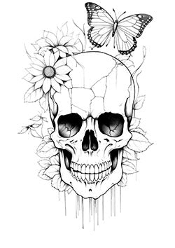 Tattoo template of a cracked skull with flowers and a butterfly, symbolizing life and decay