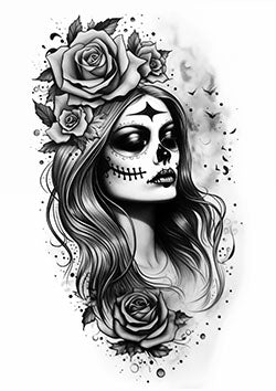 Tattoo template of a woman with sugar skull face makeup and roses, symbolizing life and death