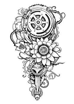 Tattoo template of a steampunk flower intertwined with mechanical gears and cogs