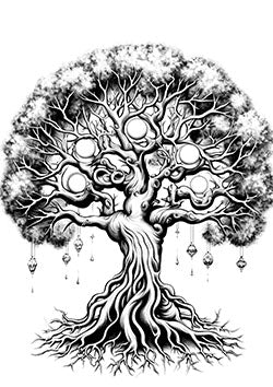 Tattoo template of a tree with lanterns amidst mystical fog