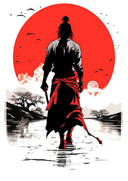 Tattoo template of a samurai against a red sun and landscape