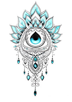 Tattoo template of a mystical eye within a mandala with blue jewels