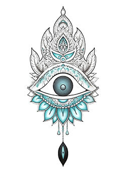 Tattoo template of a mystic eye with intricate mandala patterns and cool blue hues.