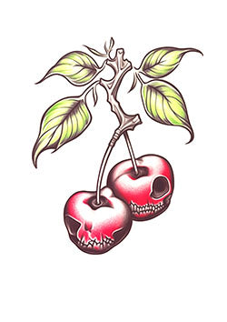 Tattoo template of a pair of cherries with skull faces and vibrant leaves on a branch