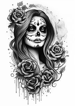 Tattoo template of a woman in sugar skull makeup with roses in grayscale