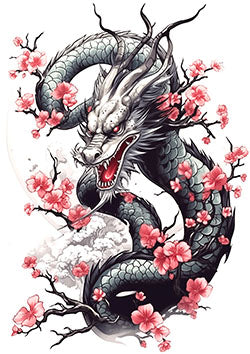 Tattoo template of a dragon with cherry blossoms